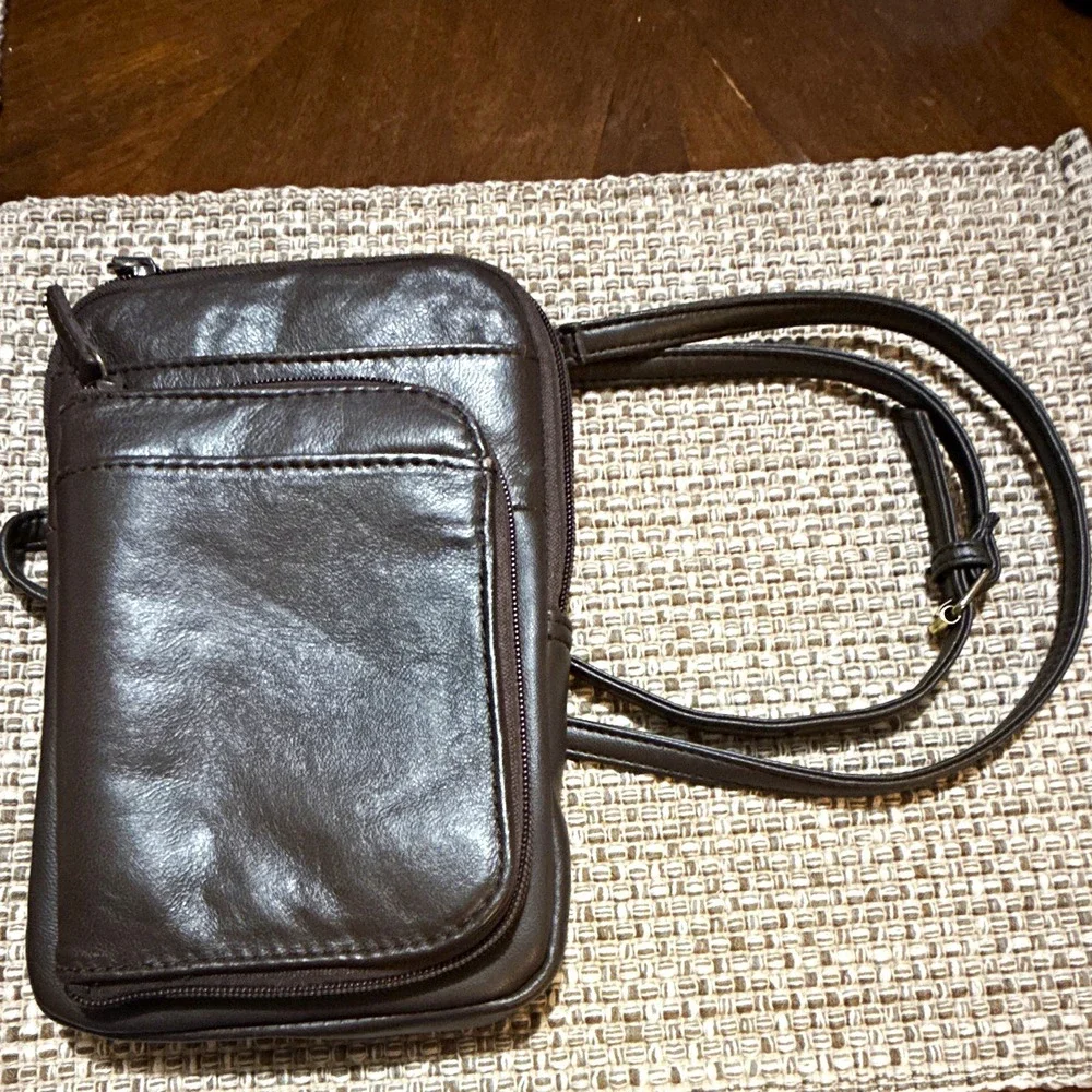 Unbranded Brown Faux Leather Sm Crossbody Organizer Bag Adjustable Strap Travel
